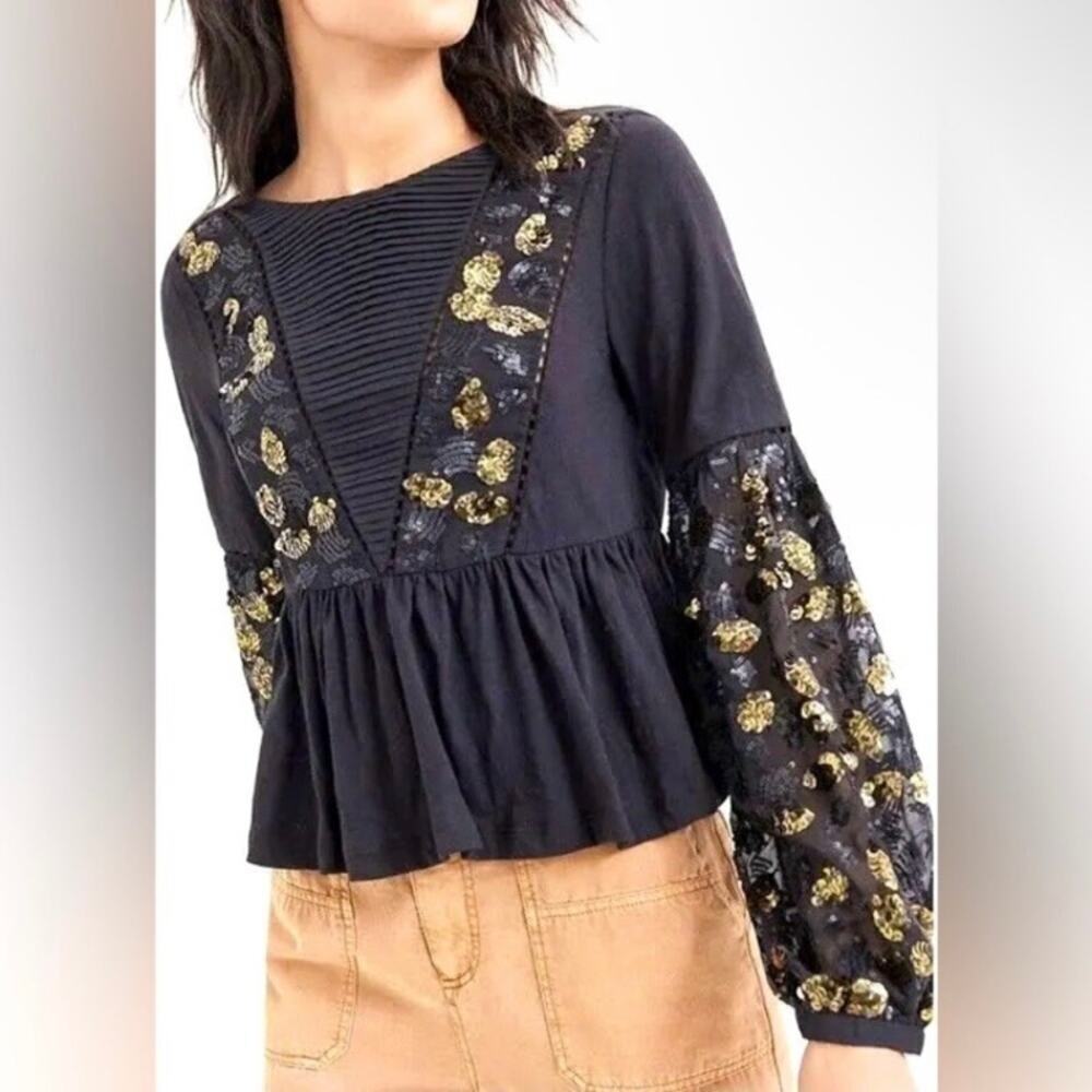 Anthropologie Sz XS New Neale Sequined Peplum Top Balloon Sleeves Black Gold